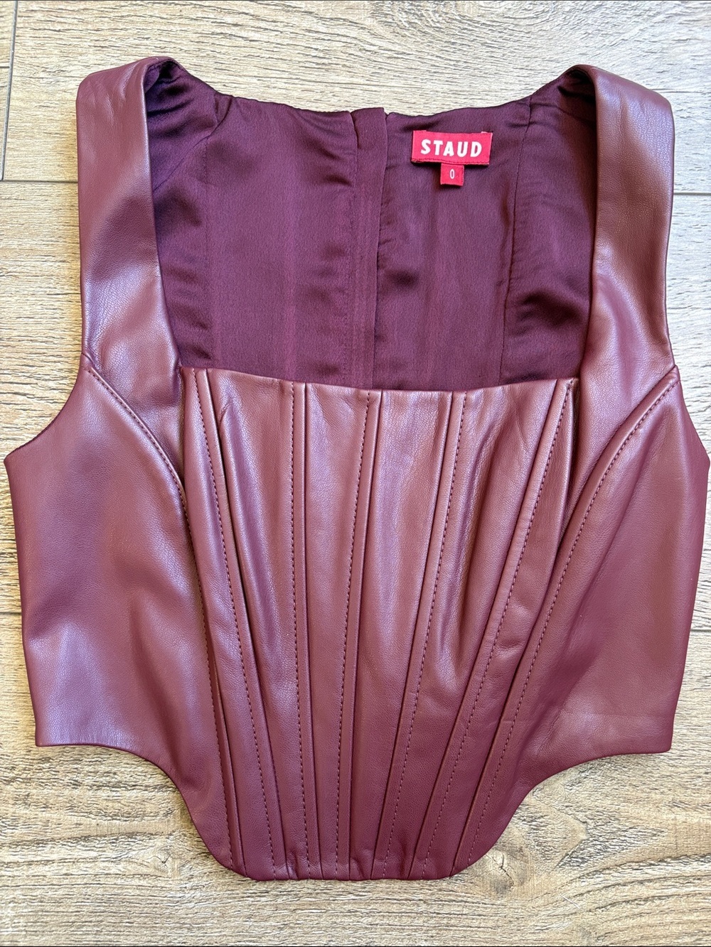 NWOT STAUD Burgundy Vegan Faux Leather Bustier Corset Style Top Zips up the Back